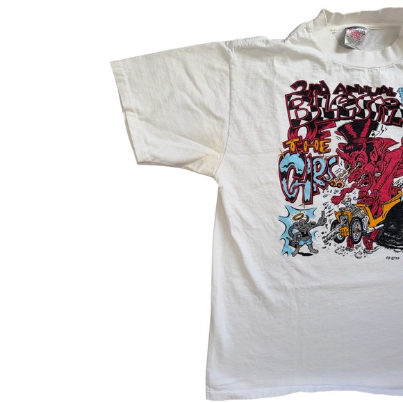 Vintage Oneita Power T Shirt Men Large White 1995 Blessing of the Cars Rat Fink - Picture 3 of 8